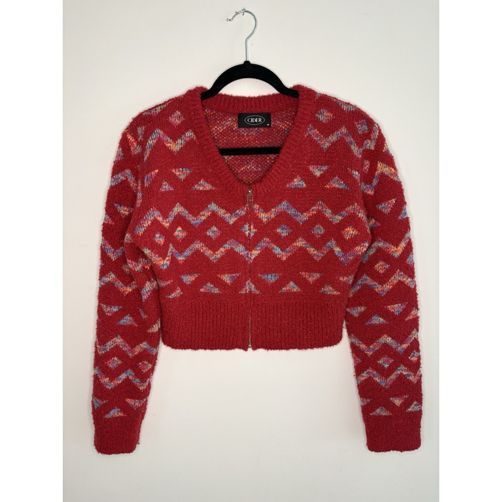 Cider Cropped Sweater Cardigan Zipper Front Red Long Sleeve Size Medium
